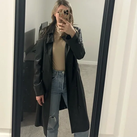 R Label Leather Vegan Double Breasted Trench Coat - Picture 10 of 11